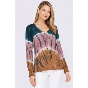 XCVI Bluma V-Neck Tie Dye Top Womens XS Boho Artistic Lagenlook Coastal Oversize